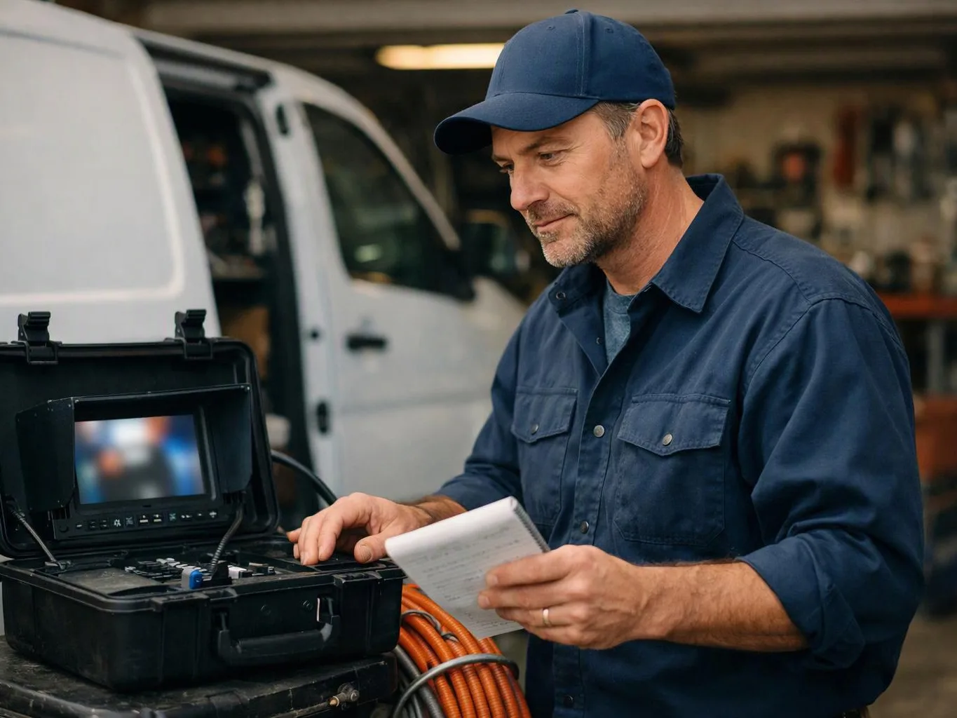 A man in a blue cap checks a monitor and notes beside a white van in a workshop
