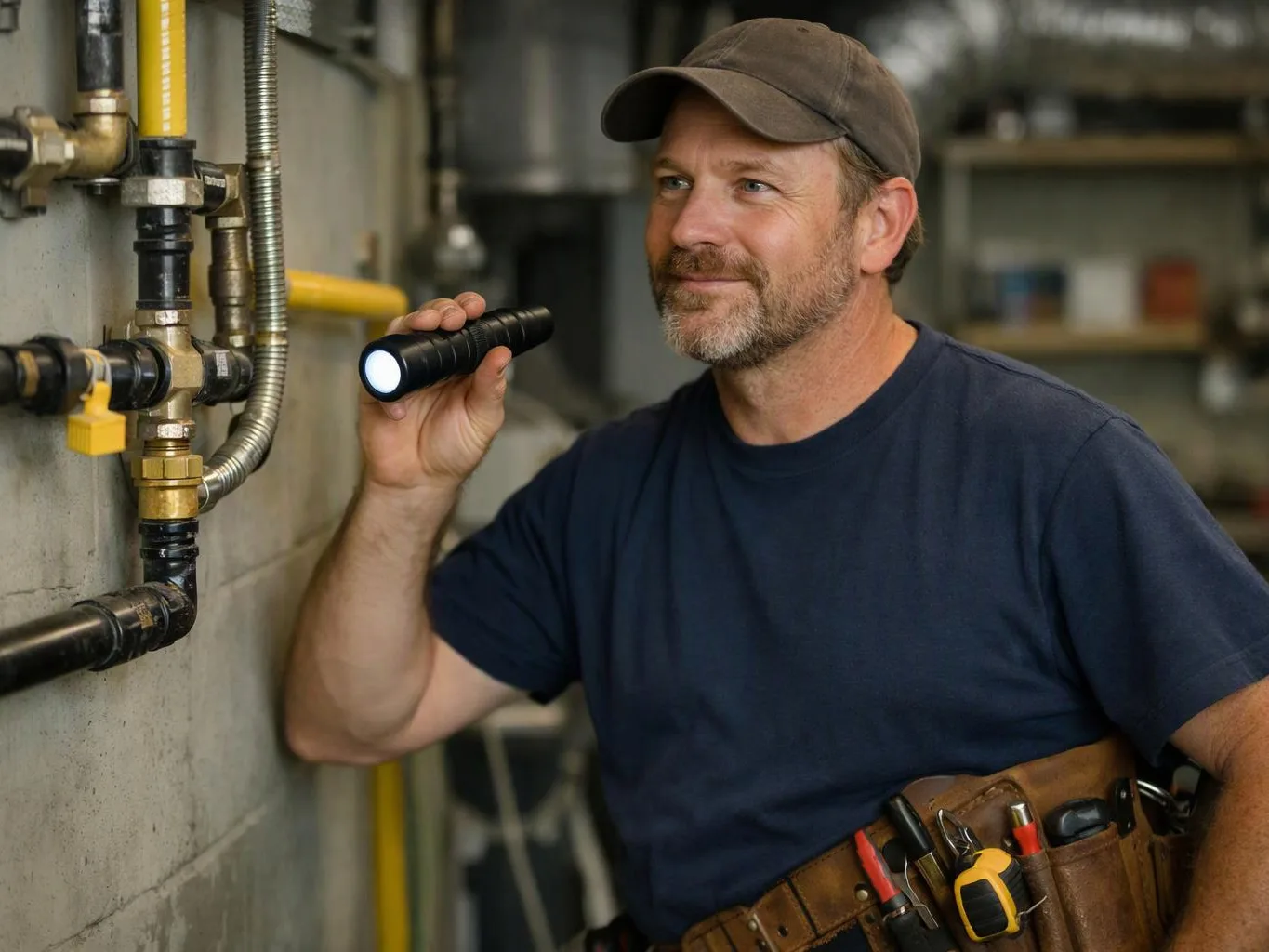 A man in a cap inspects pipes with a lit flashlight in a utility room