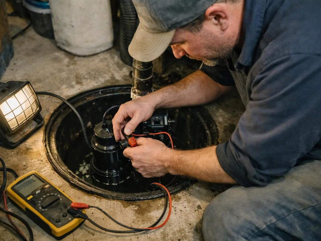 A man crouches over an open floor drain, testing a pump with wires and a multimeter in a dim basement