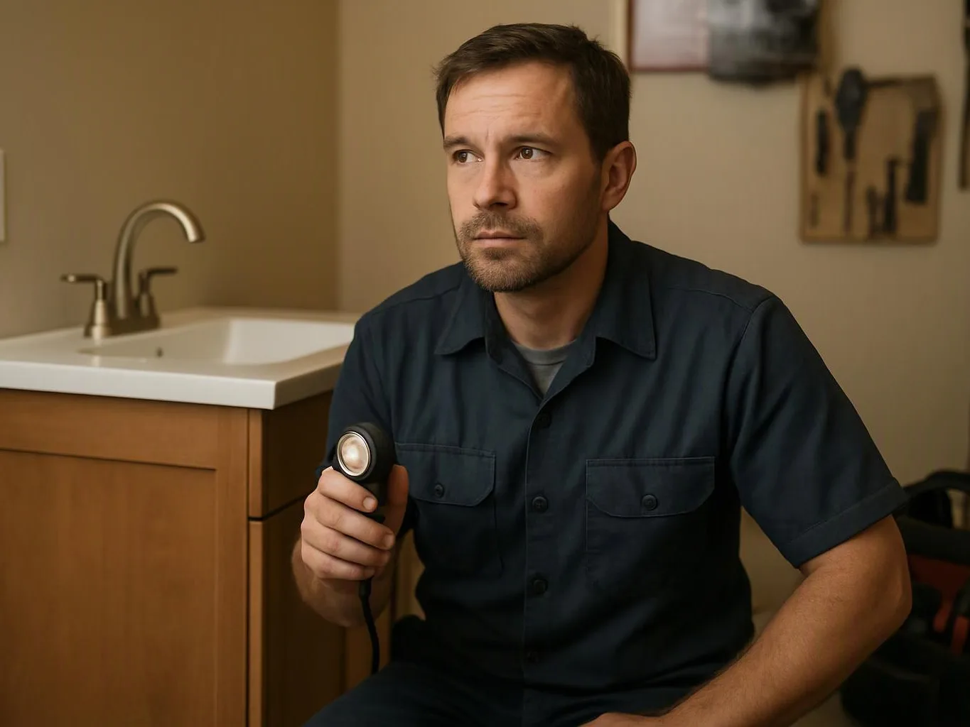 A man in a dark shirt sits holding a flashlight beside a bathroom sink and cabinet