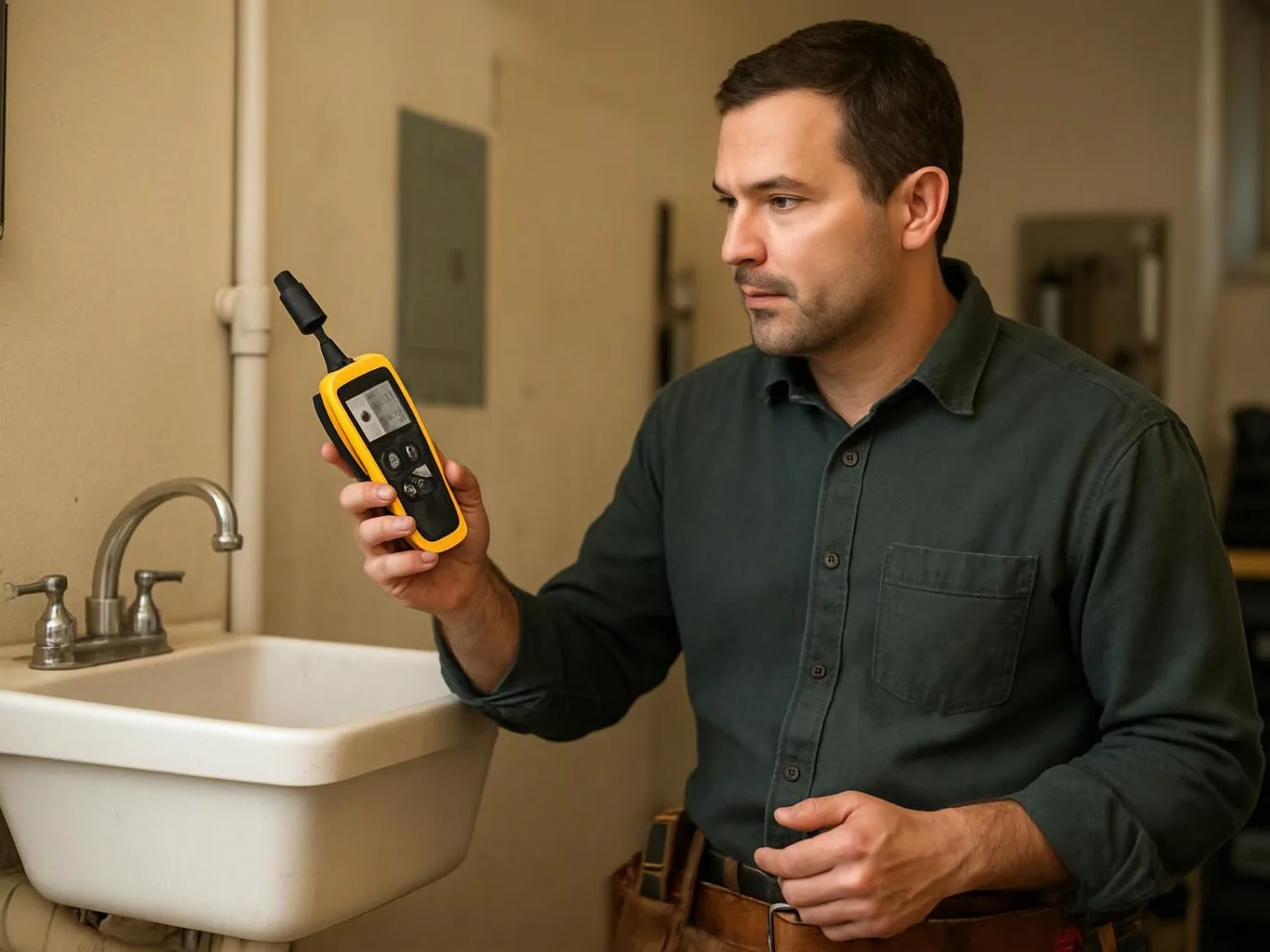 A man inspects a yellow handheld meter beside a utility sink in a plain indoor room