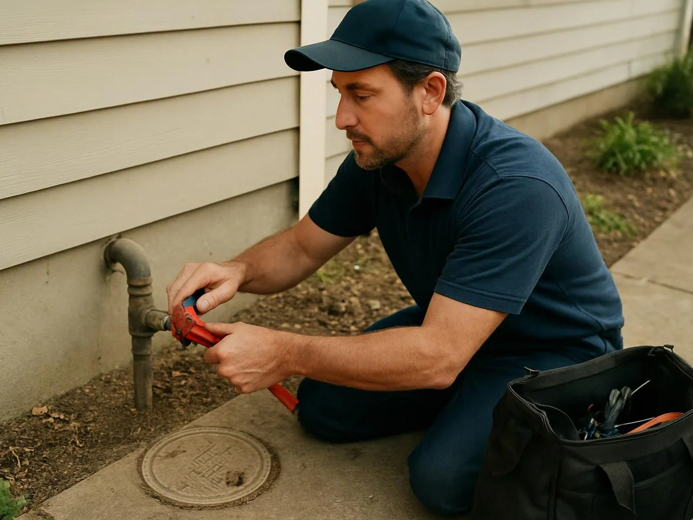 A man kneels beside a house wall, tightening a pipe with red pliers near a sidewalk and tool bag