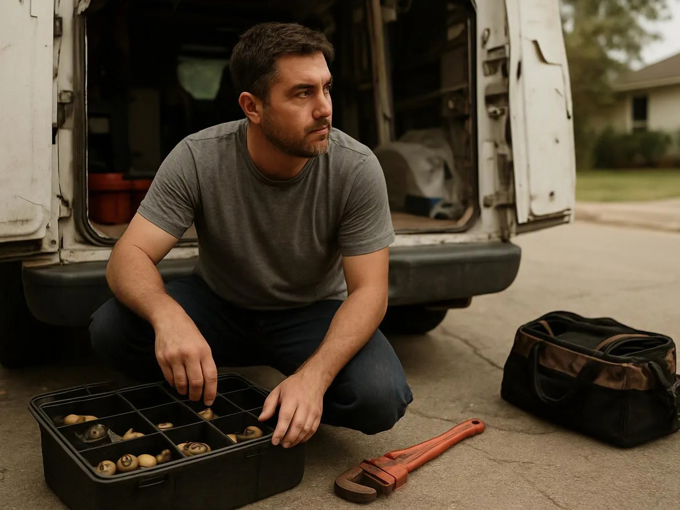 A man kneels beside an open van, sorting small parts in a divided case on a driveway