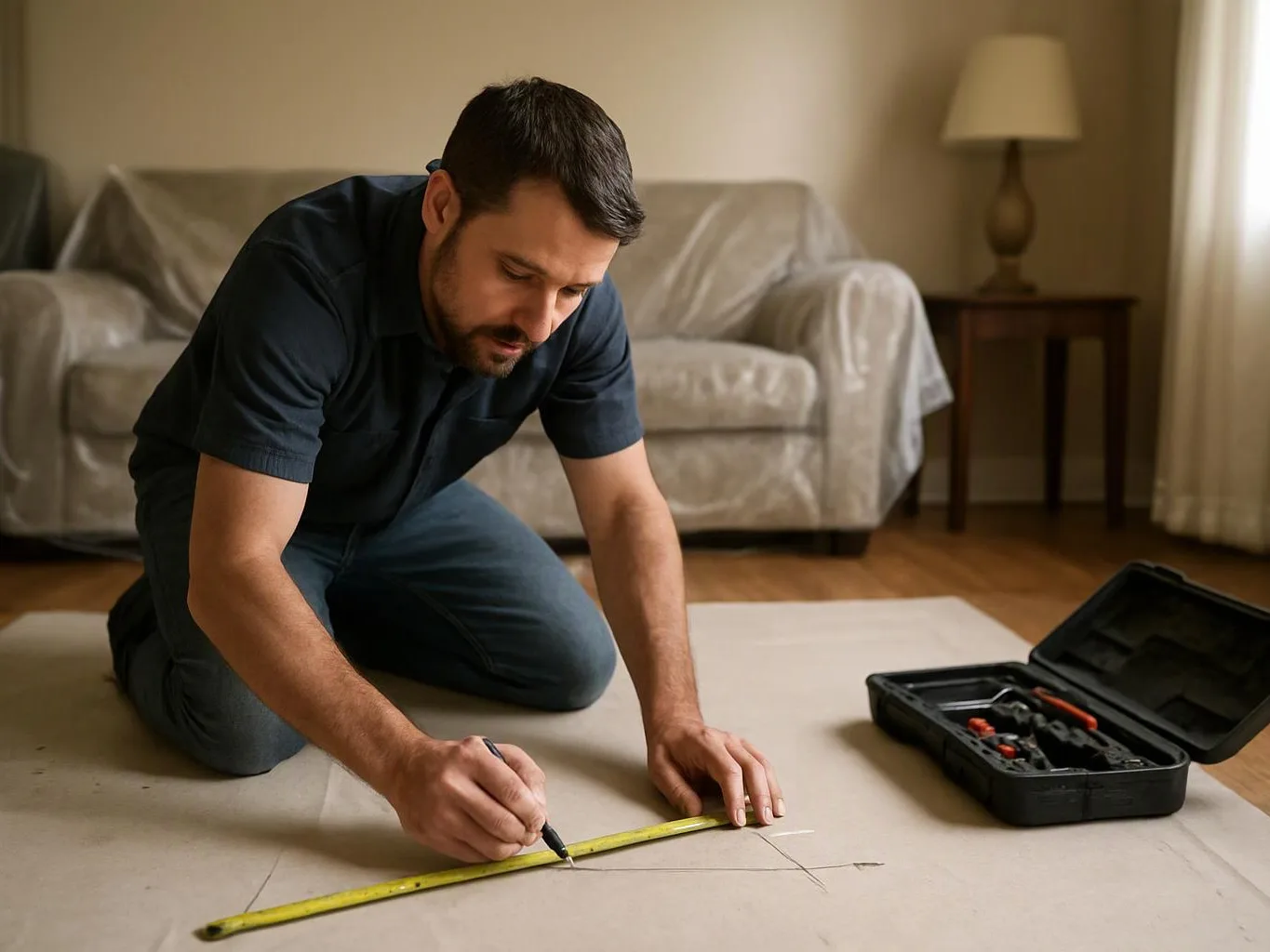 A man kneels on a rug, marking cardboard with a measuring tape and pen beside an open tool case in a living room