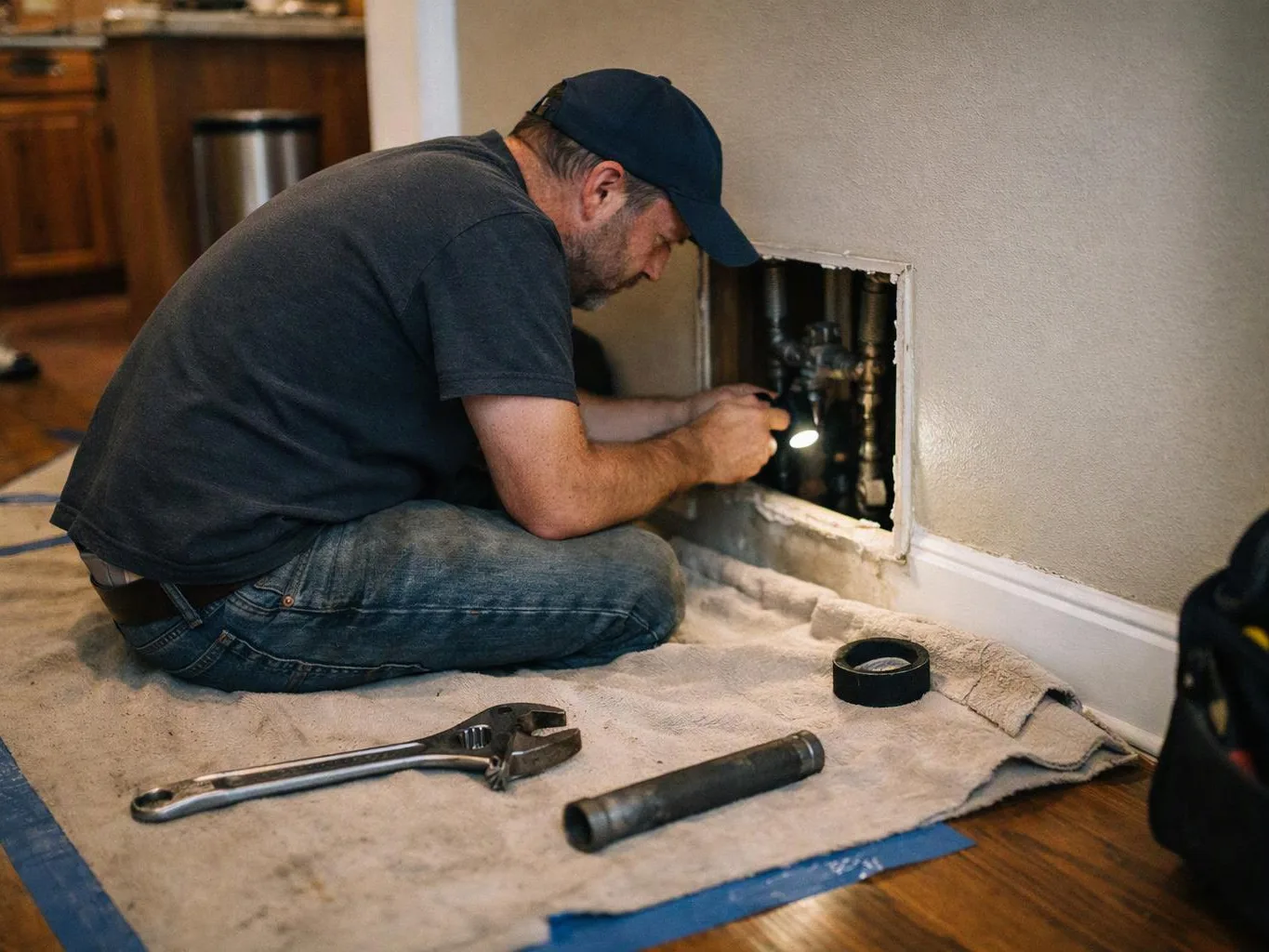 A man kneels on a towel, inspecting pipes inside a wall opening with a flashlight