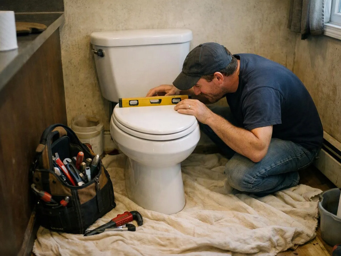 A man kneels on a towel and levels a toilet with a yellow spirit level in a bathroom