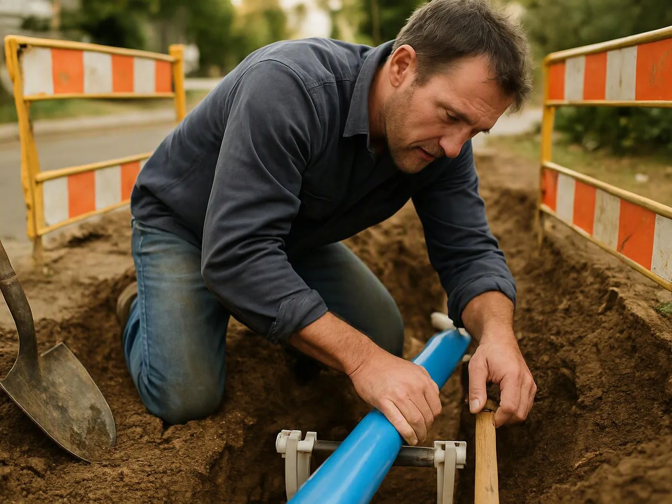 A man kneels in a trench, fitting a blue pipe while orange road barriers stand around him