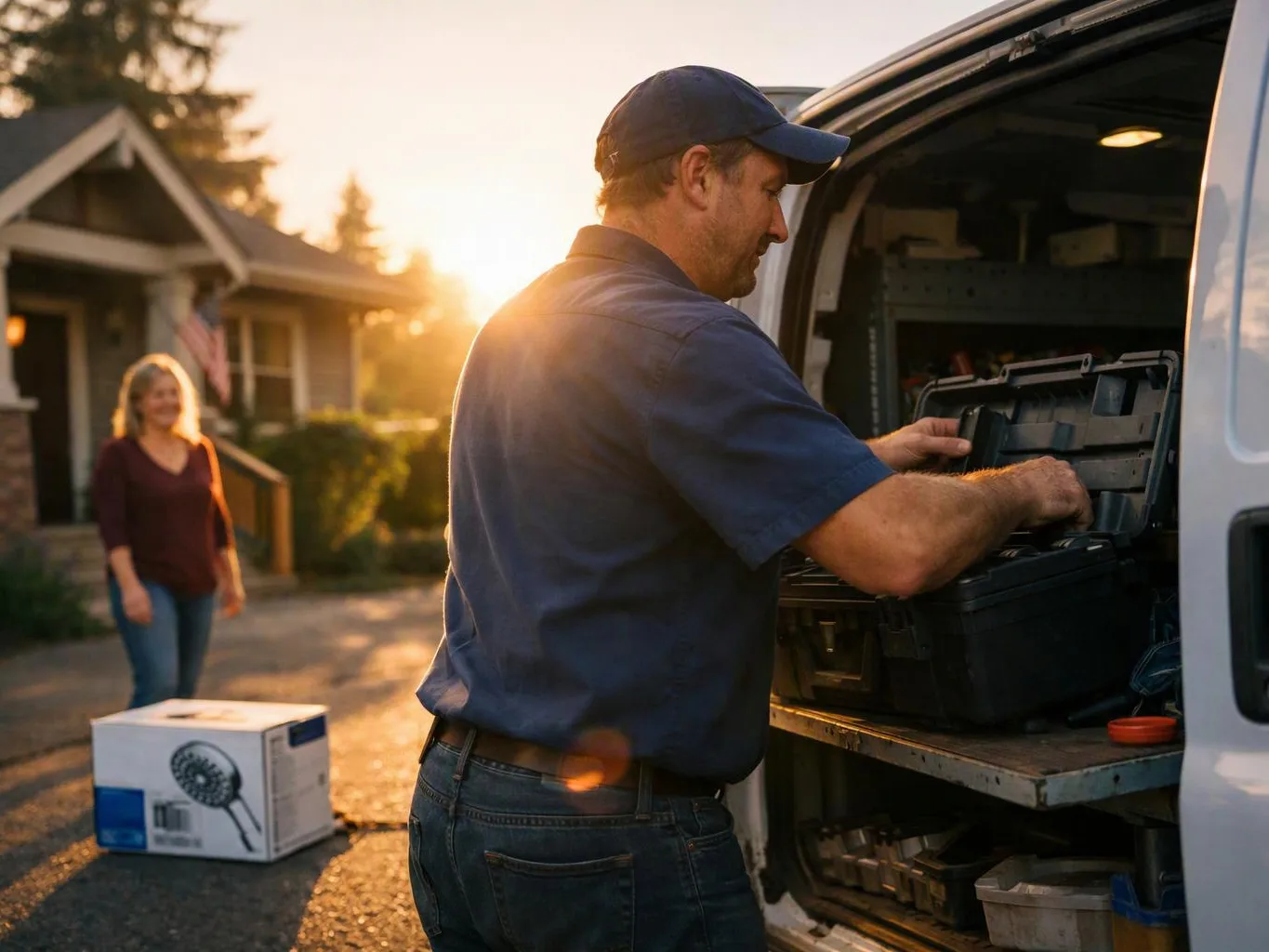 A man loads a black tool case into a white van while a woman stands near a box outside a house at sunset