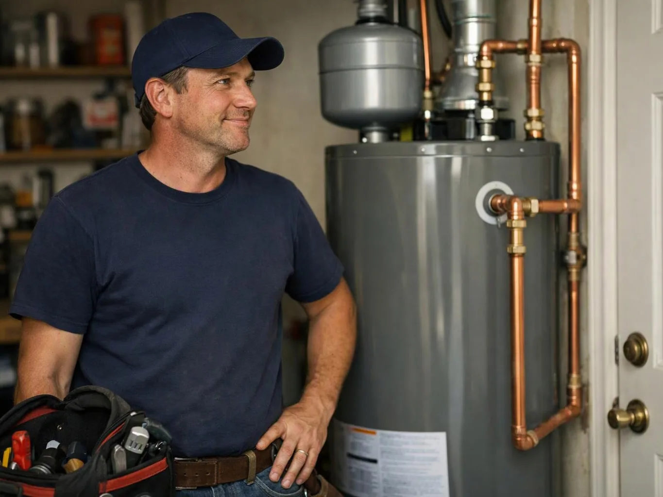 A man in a navy cap stands beside a gray water heater and copper pipes in a utility room