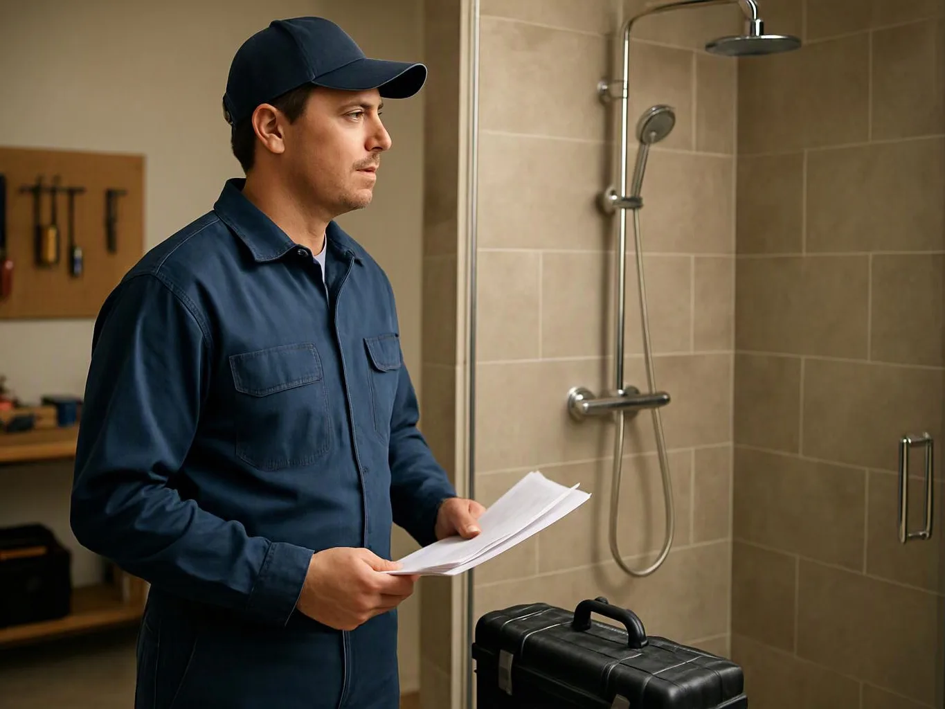 A man in a navy cap and work clothes holds papers beside a tiled shower room