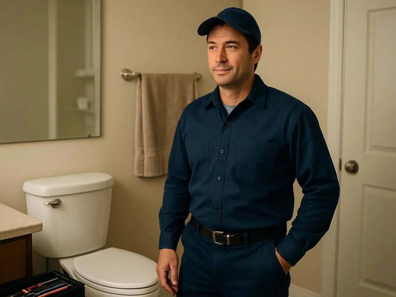 A man in a navy uniform stands in a bathroom beside a toilet, sink, towel, and mirror