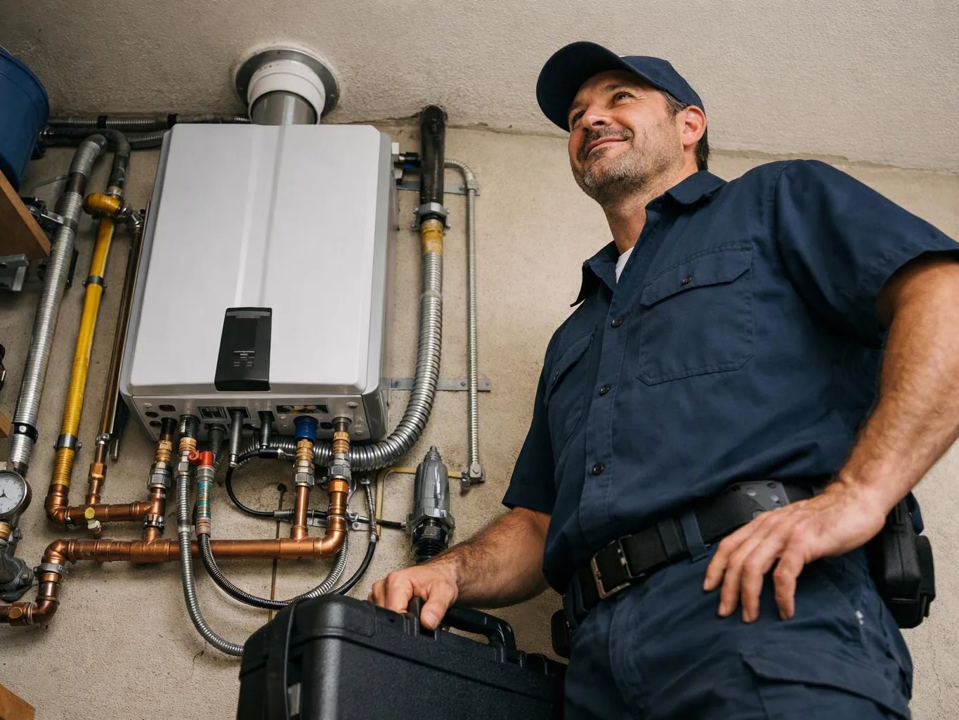 A man in a navy uniform stands beside wall-mounted pipes and a water heater, holding a black toolbox