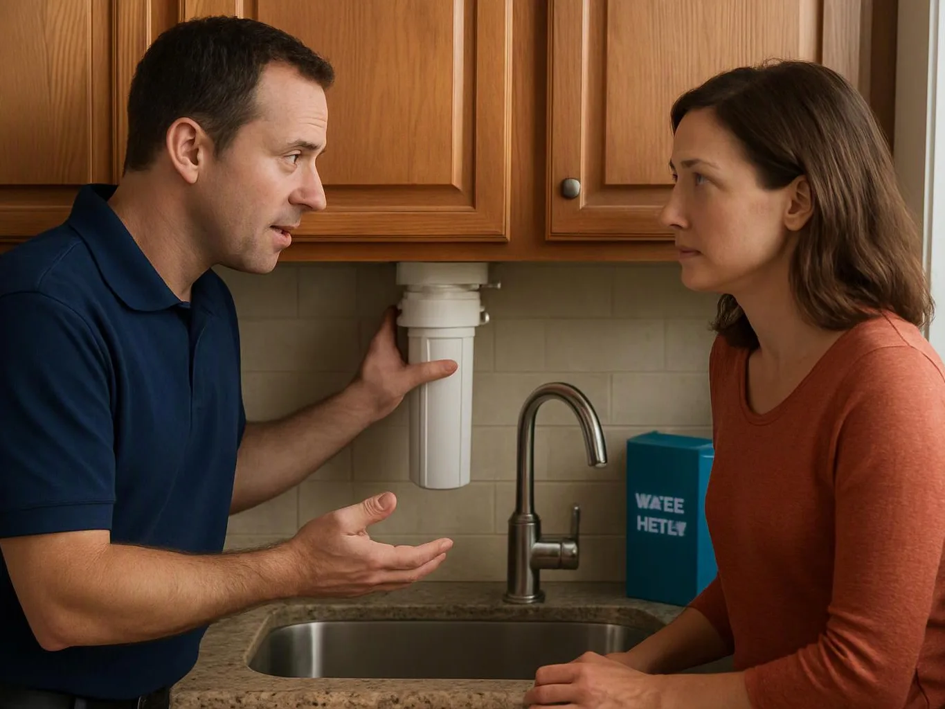 A man points under a kitchen sink while speaking to a woman beside the faucet