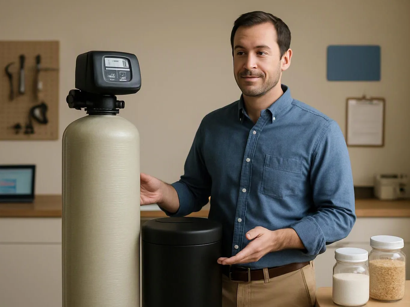 A man stands beside a tall water filter system in a kitchen, gesturing toward it