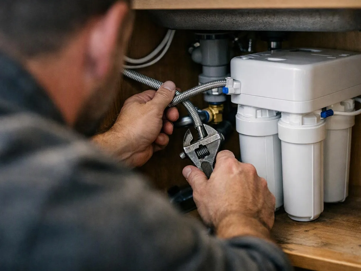 A man tightens a braided hose with a wrench under a sink beside a white water filter system