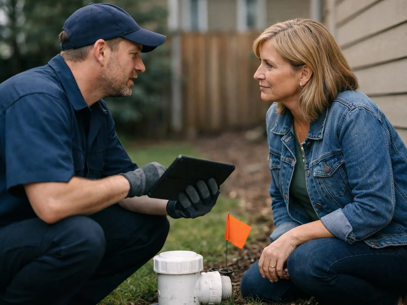 A man and woman crouch beside a yard pipe, talking over a tablet near a small orange flag