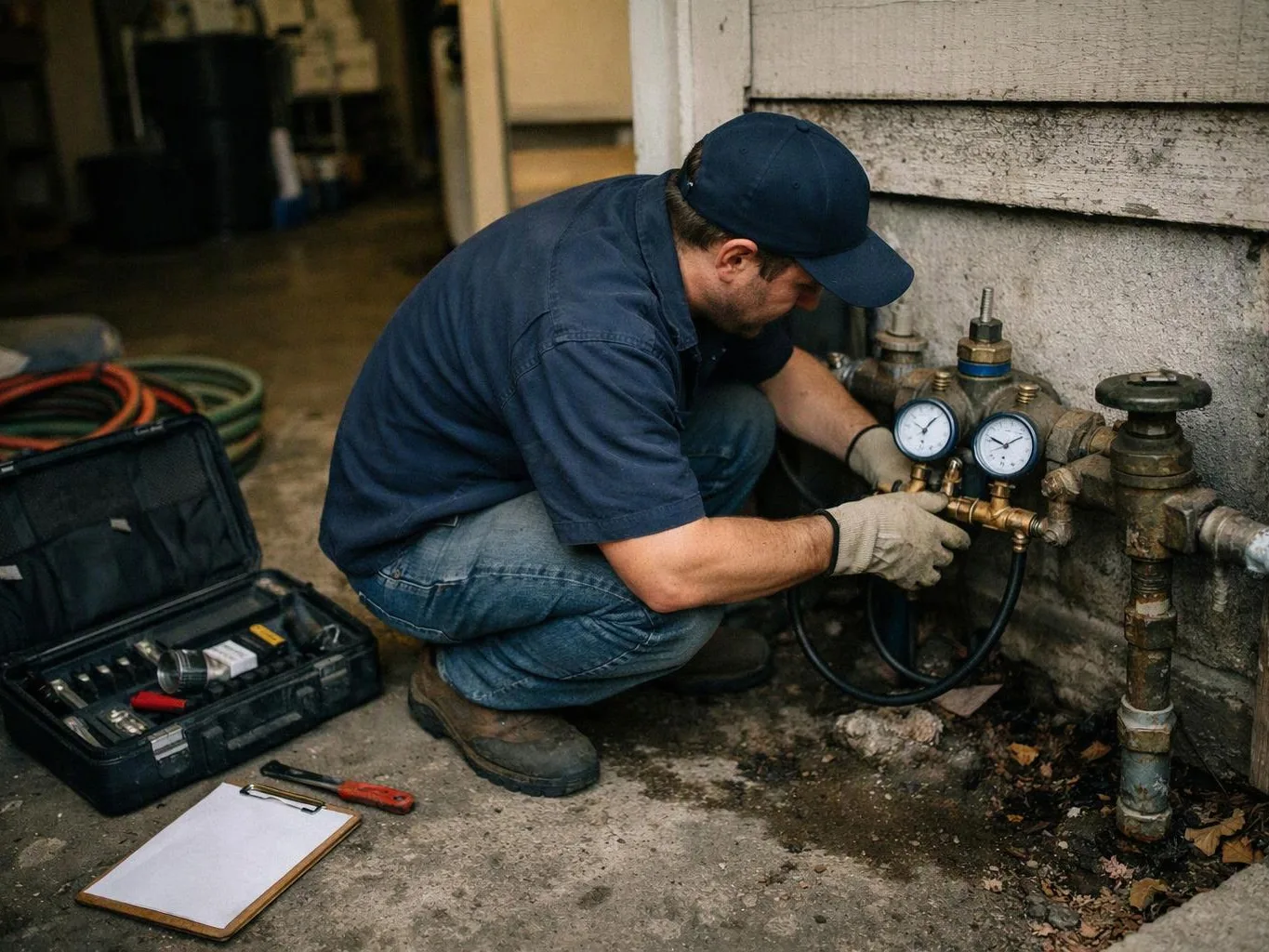 A man in work clothes crouches by pipes, adjusting pressure gauges beside an open toolbox and clipboard