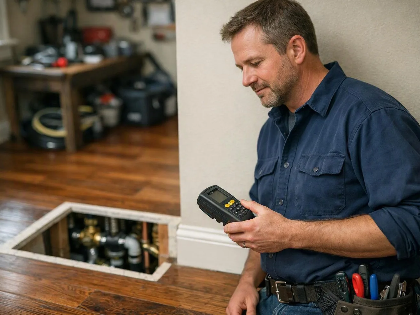 A man in work clothes studies a handheld meter beside an open floor access panel indoors