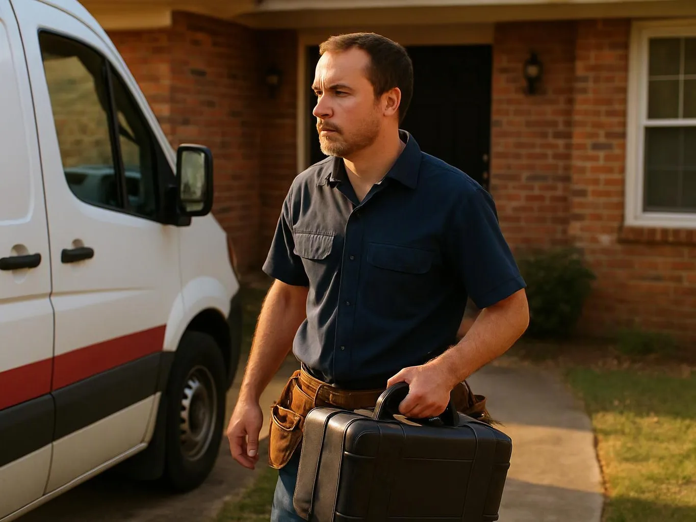 A man in a work shirt carries a black case beside a white van outside a brick house