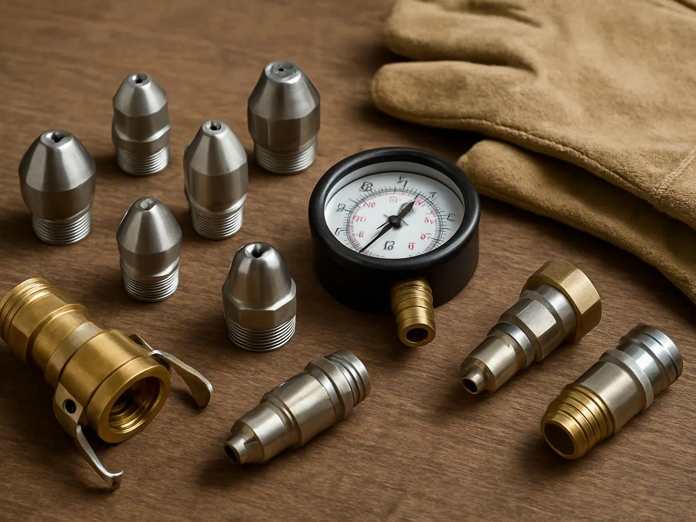 Metal nozzles and fittings lie on a wooden surface beside a pressure gauge and tan work gloves