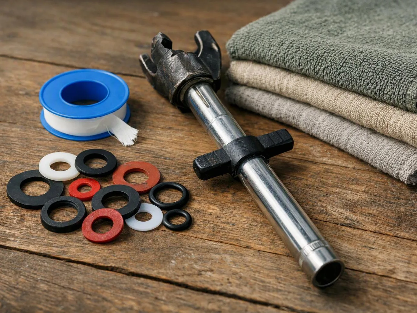A metal pipe wrench, tape spool, colored rings, and folded towels rest on a wooden tabletop
