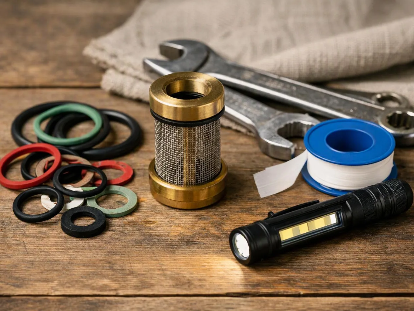 Metal wrenches, colored O-rings, a brass mesh filter, tape spool, and a flashlight lie on a wooden workbench
