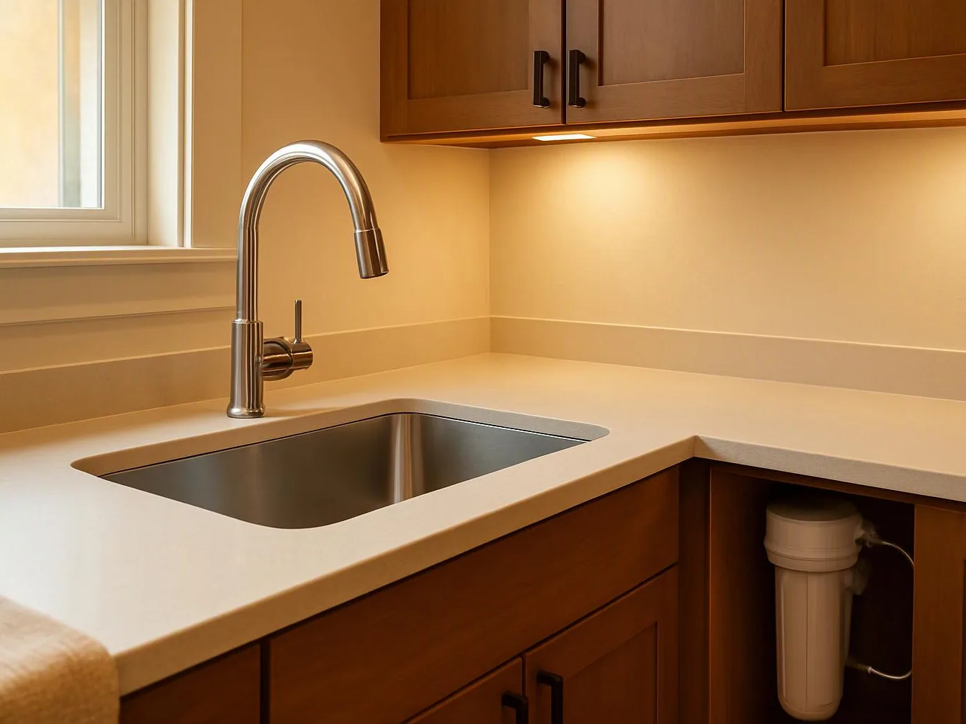 A modern kitchen sink with a chrome faucet sits under warm cabinet lighting and a window