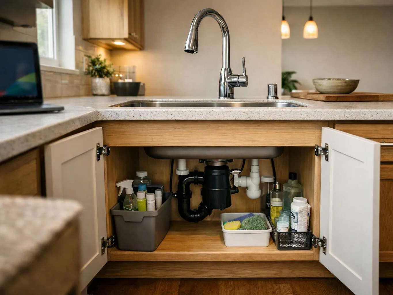 Open kitchen sink with under-cabinet storage holding cleaning supplies and bottles beneath the pipes