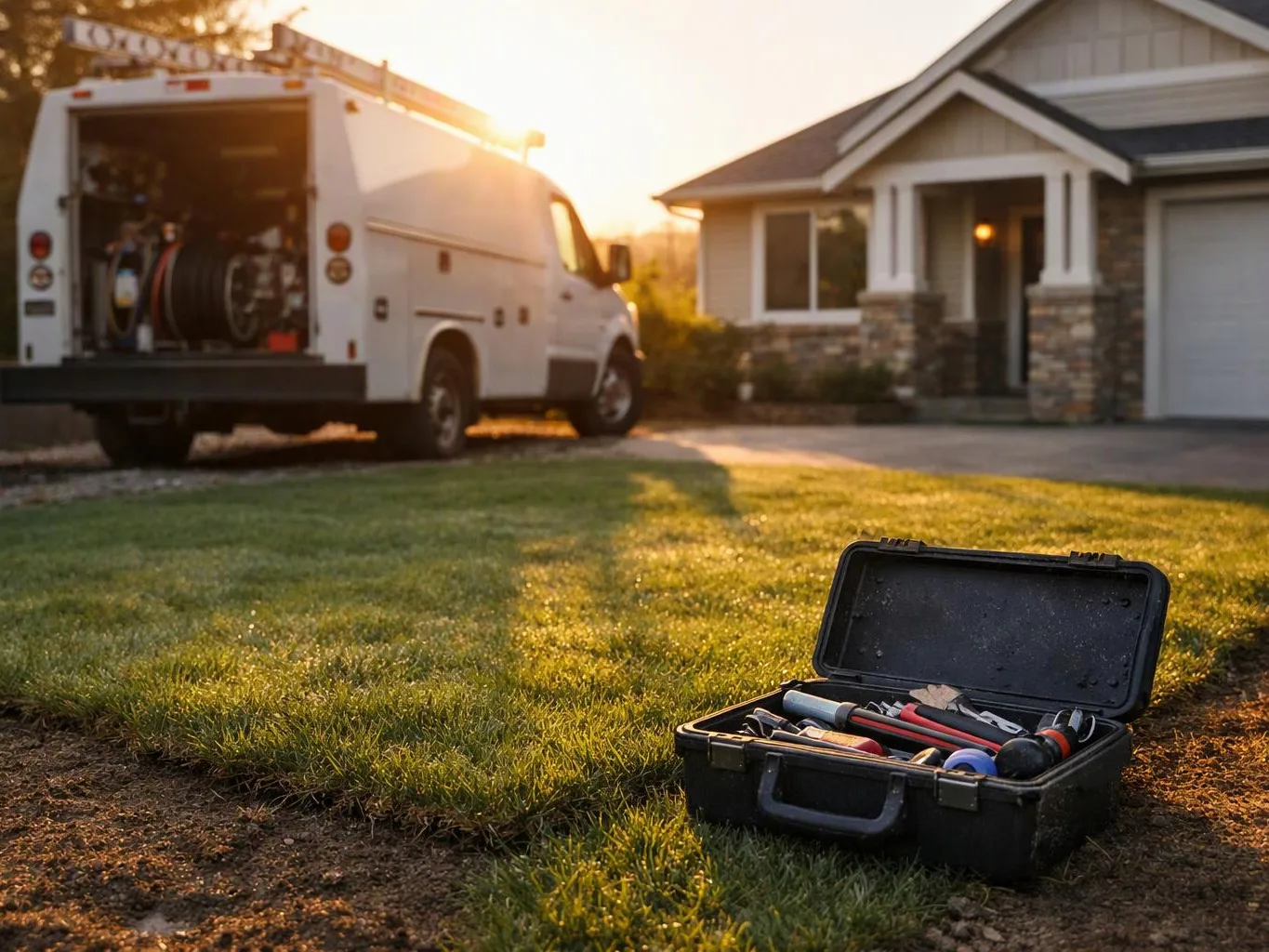 Open toolbox on the lawn in front of a house, with a service van parked nearby