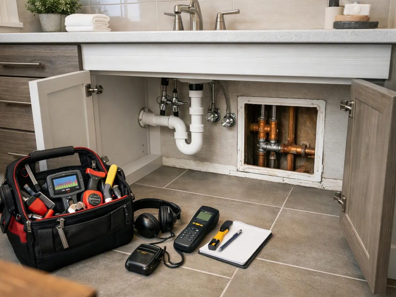 Open under-sink cabinet shows plumbing pipes, repair tools, and a tiled bathroom floor
