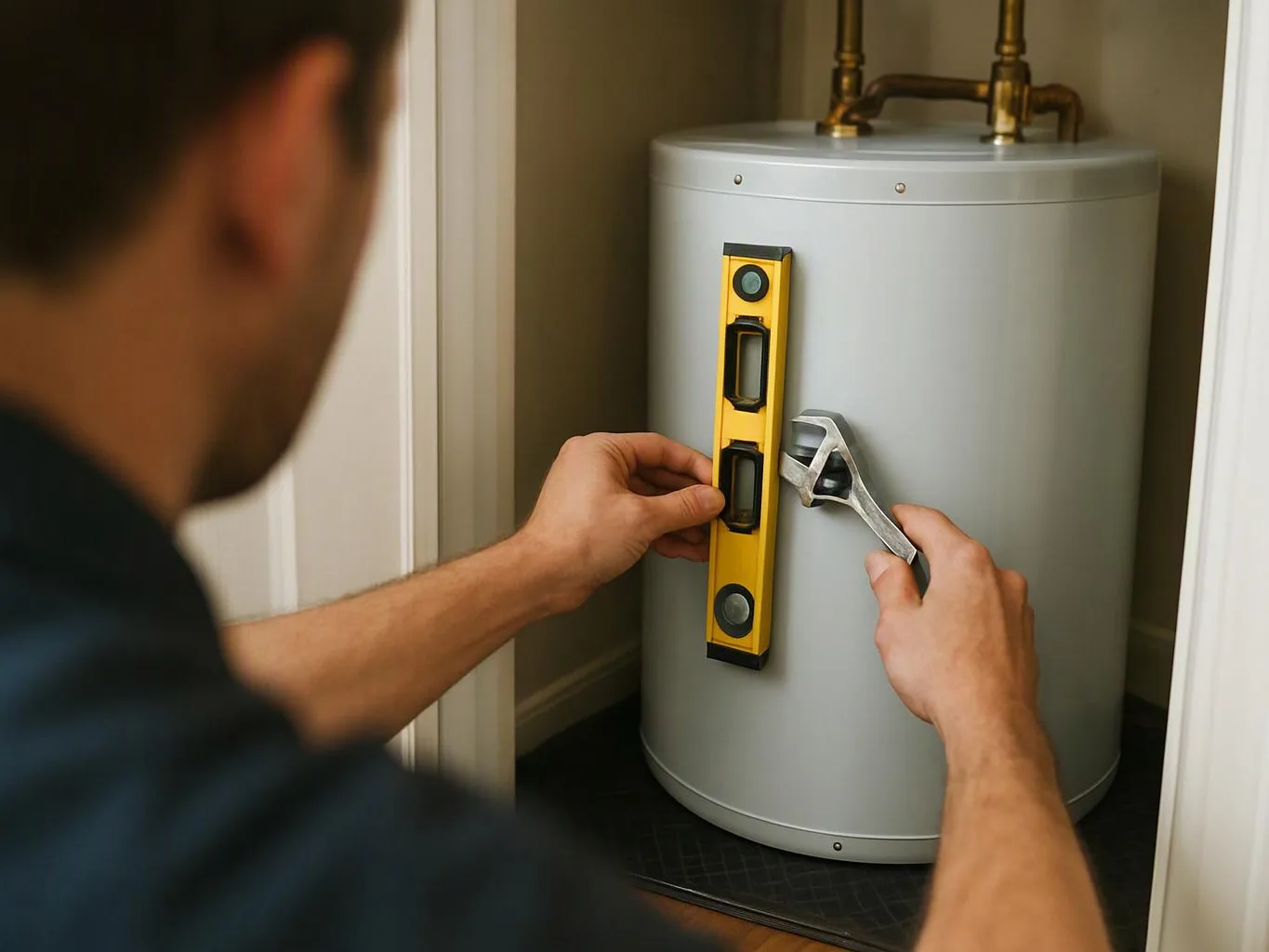 A person adjusts a water heater in a closet with a level and adjustable wrench