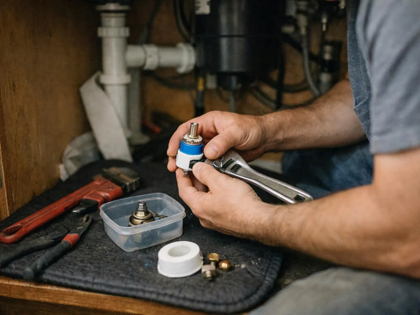 A person holds a plumbing valve and wrench over a work mat with tools and fittings in a cabinet interior