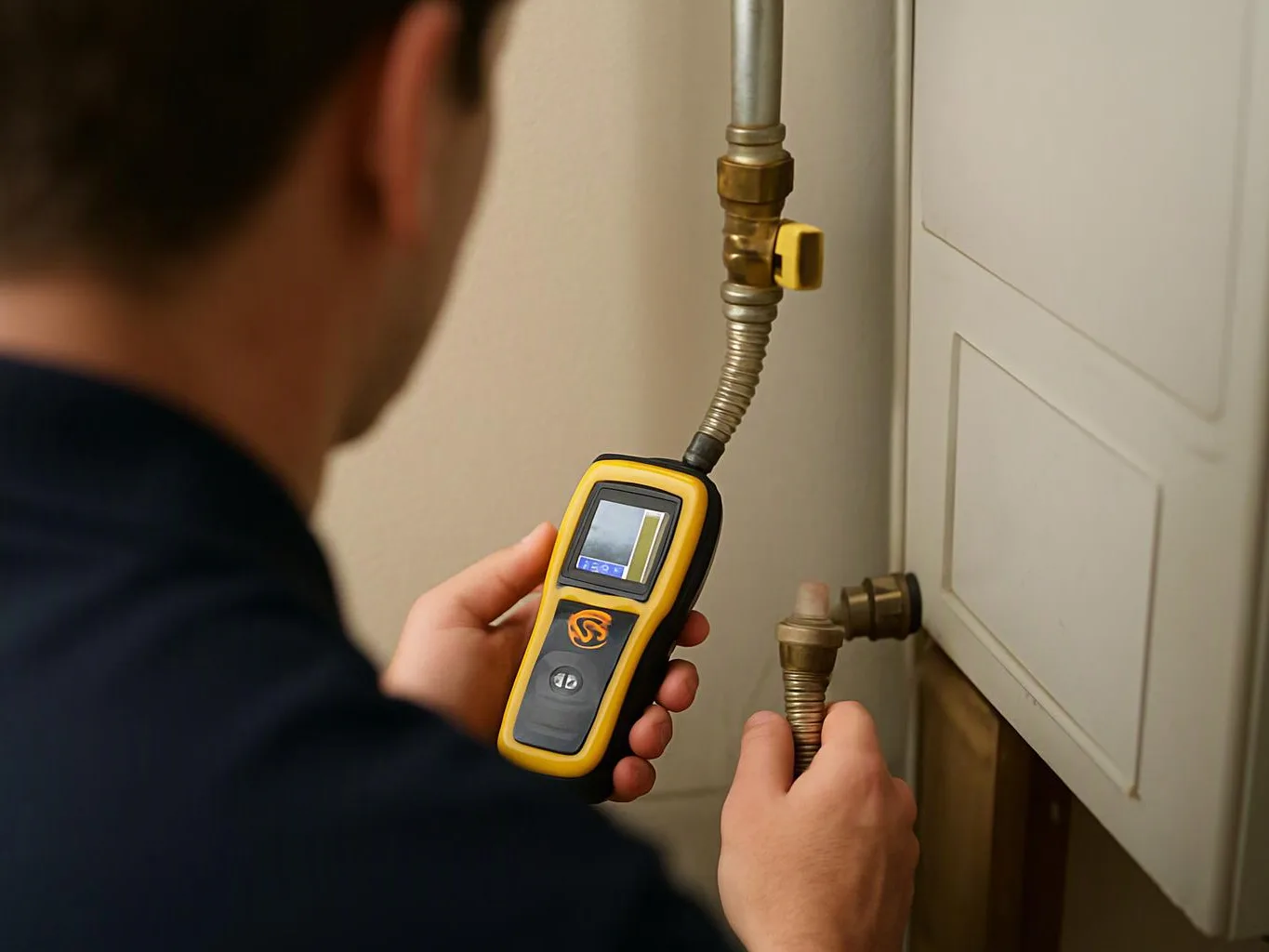 A person holds a yellow gas leak detector near metal pipes beside a white appliance