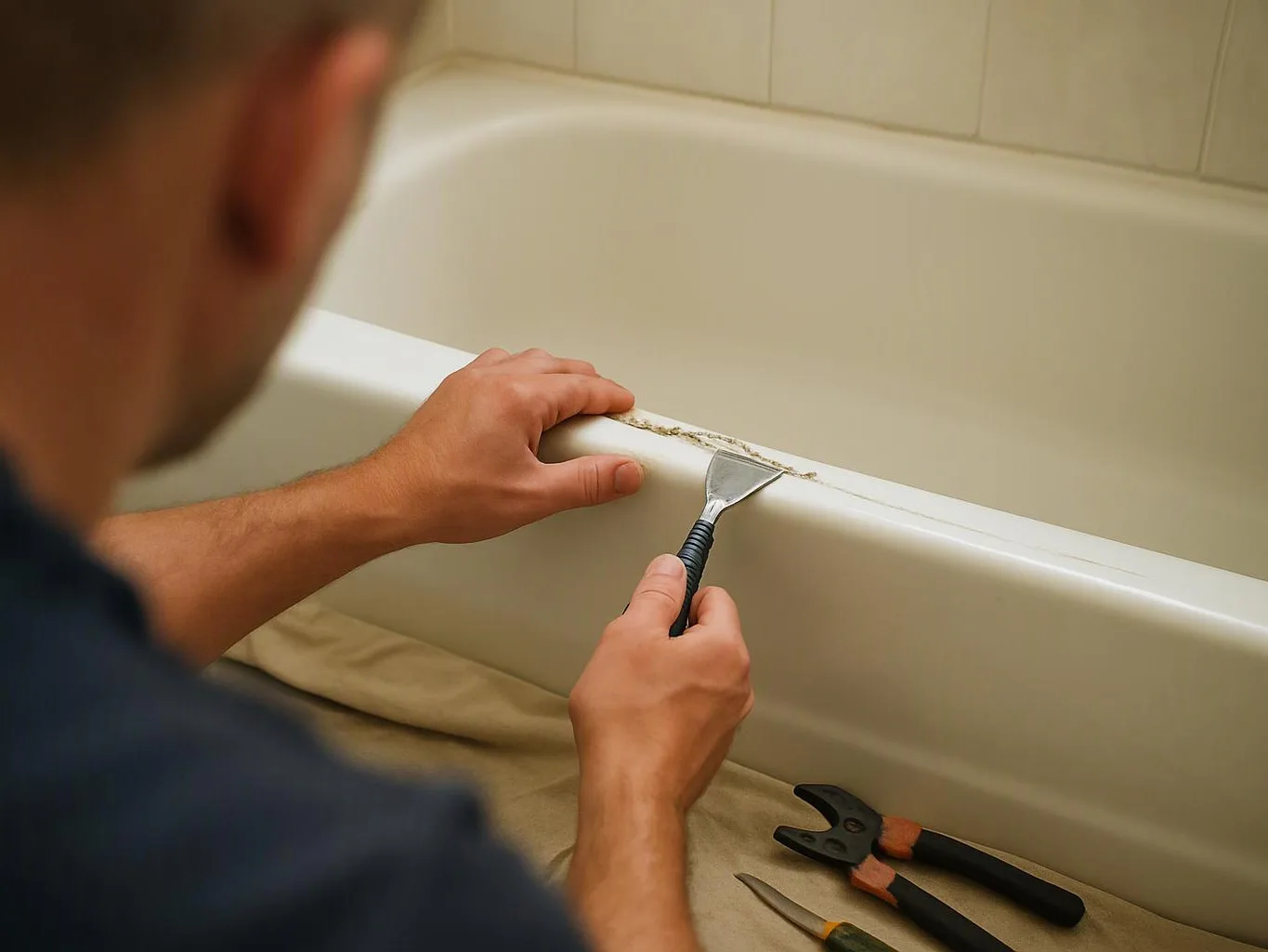 A person scrapes moldy caulk from a bathtub edge with a metal tool, with pliers nearby
