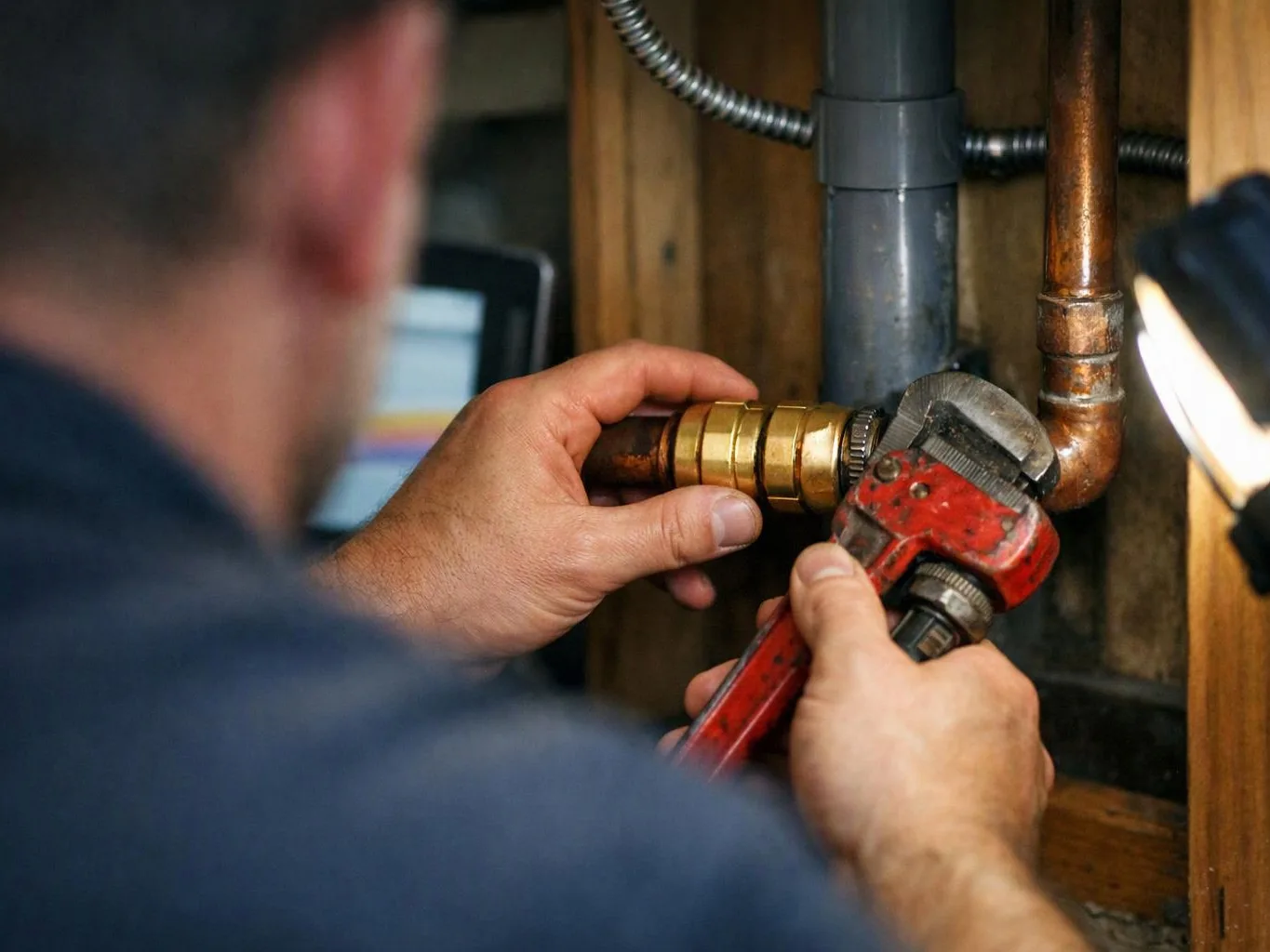 A person uses a red pipe wrench to tighten brass plumbing under a sink in a wooden cabinet