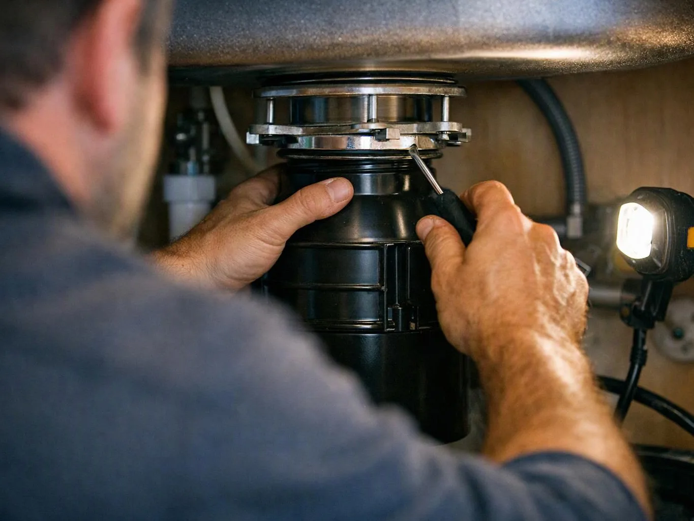 A person uses a screwdriver to adjust a black garbage disposal under a kitchen sink