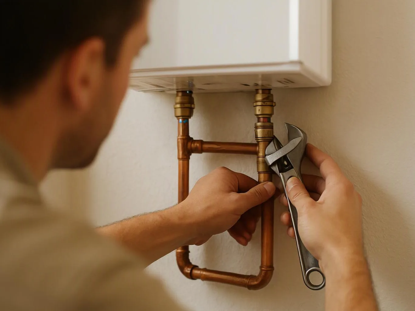 A person uses a wrench to adjust copper pipes under a wall-mounted boiler inside a home