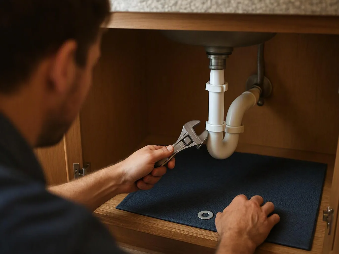 A person uses a wrench to adjust under-sink pipes inside a wooden cabinet