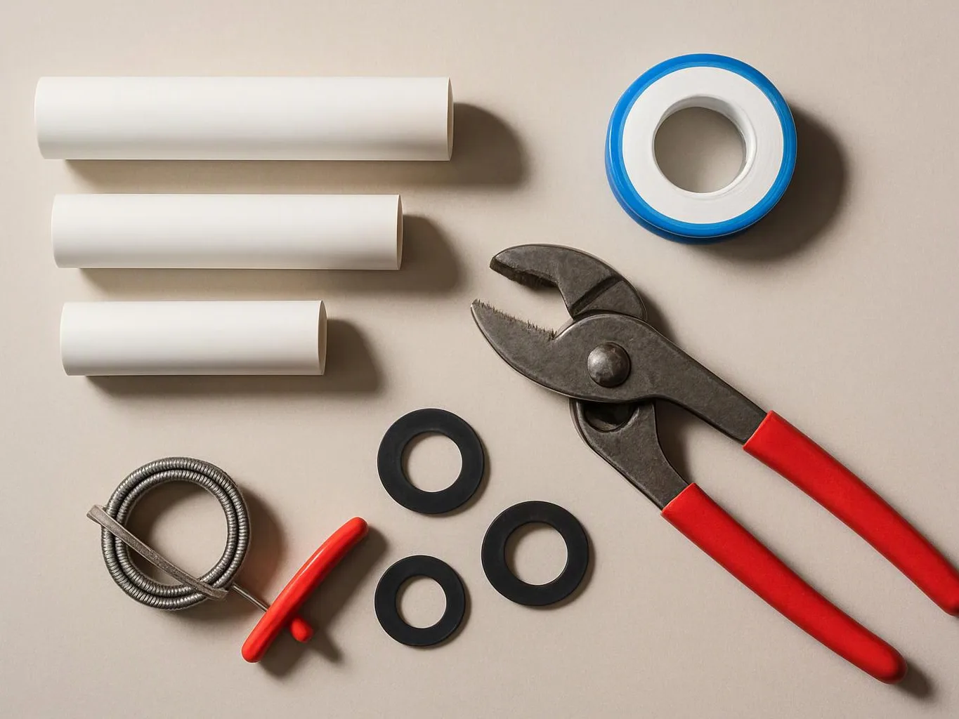 Pliers, a metal coil, rings, and white tubes lie neatly arranged on a beige surface