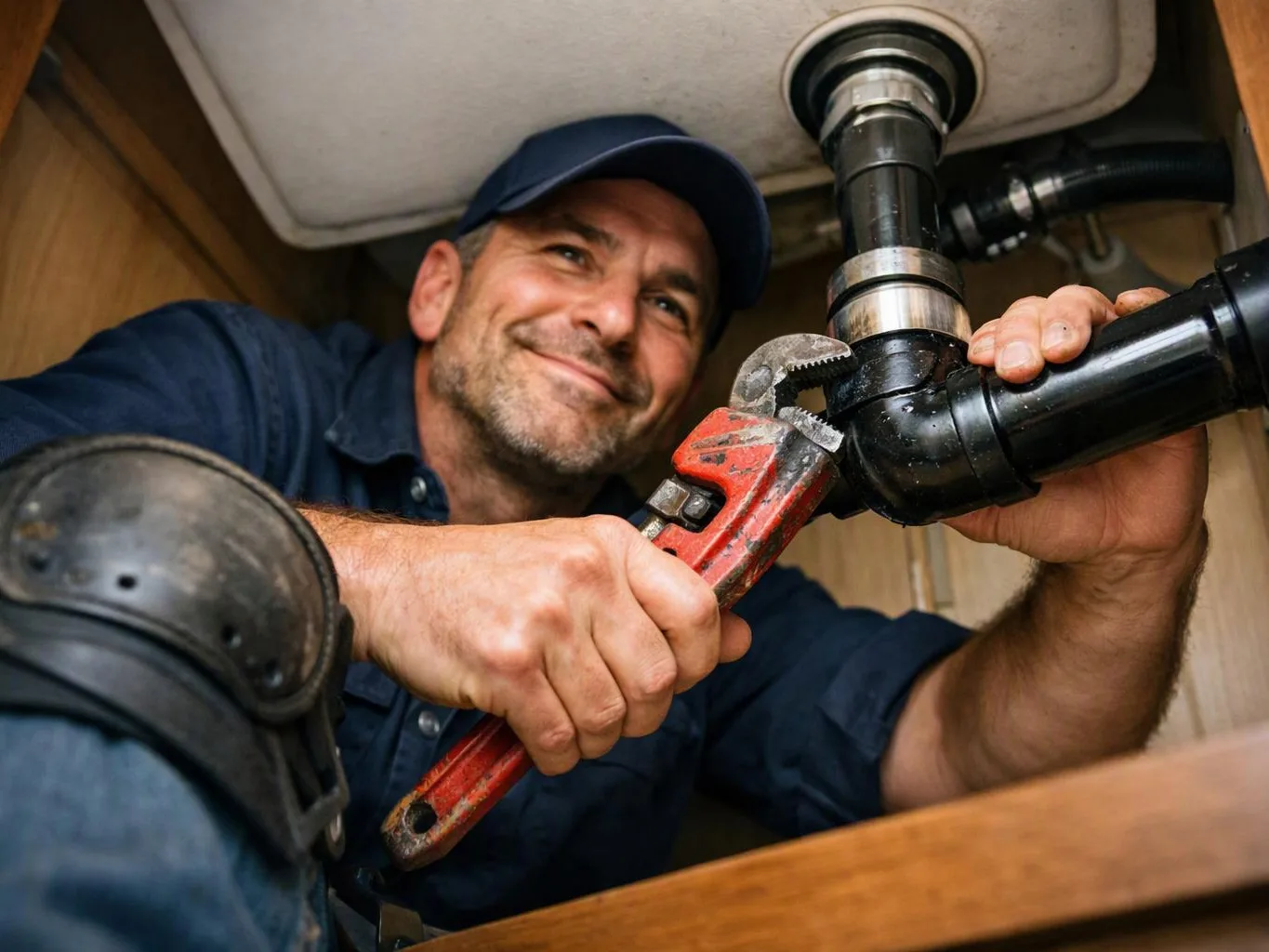 A plumber in a blue cap tightens black pipes under a sink with a red wrench