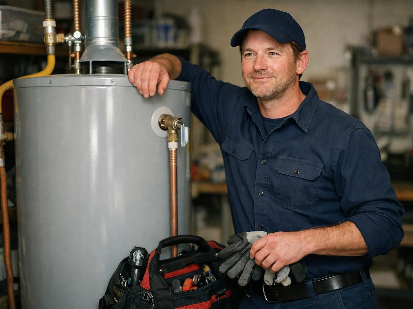 A plumber in a blue uniform leans on a water heater while holding gloves in a workshop
