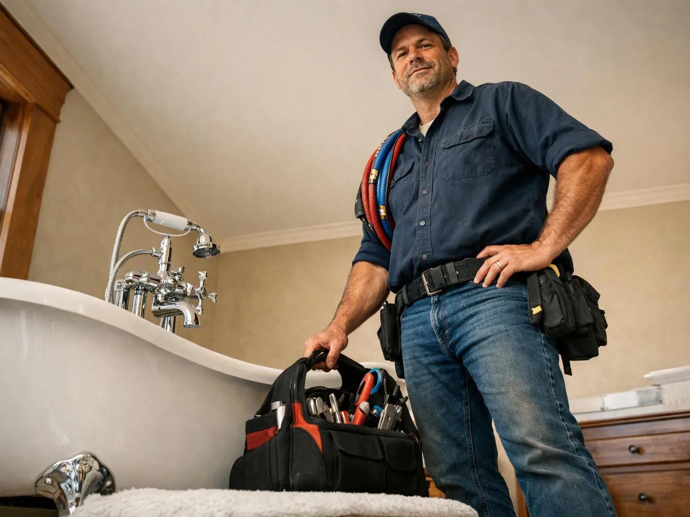 A plumber stands beside a bathtub, holding a tool bag in a bathroom