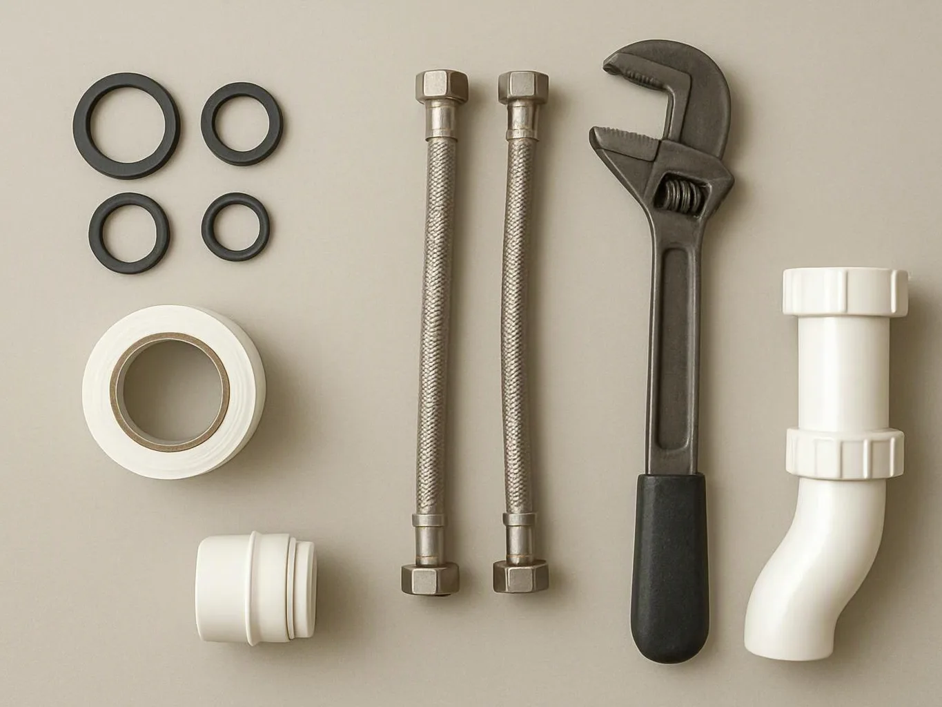 Plumbing parts are arranged on a beige surface, including hoses, a wrench, tape, fittings, and rubber rings