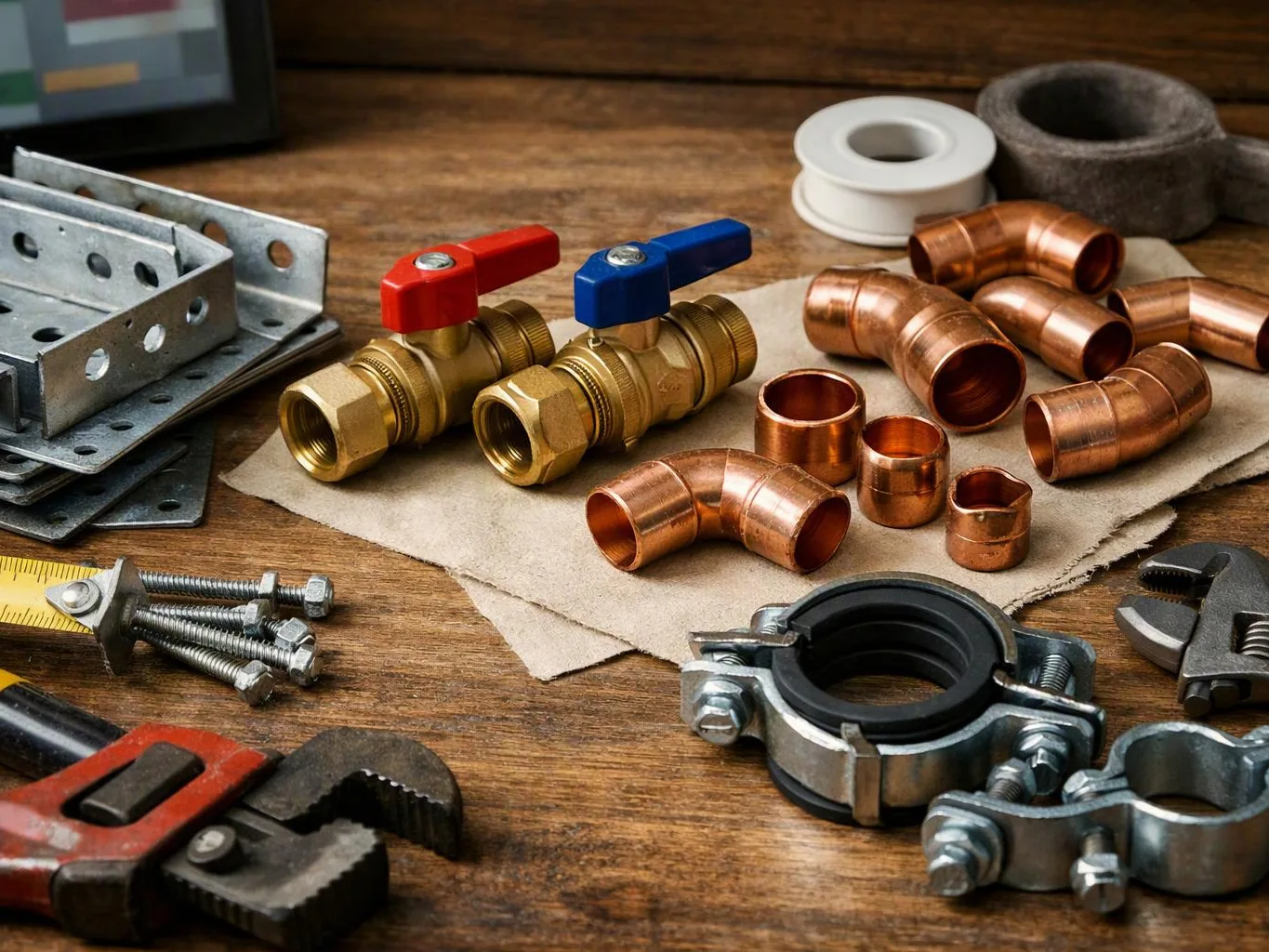 Plumbing parts and hand tools sit on a wooden workbench, with brass valves and copper fittings centered