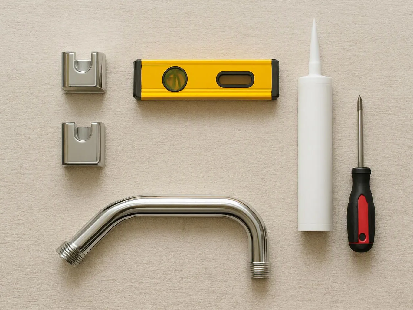 Plumbing parts and tools are neatly arranged on a beige surface, including a level, caulk tube, and screwdriver