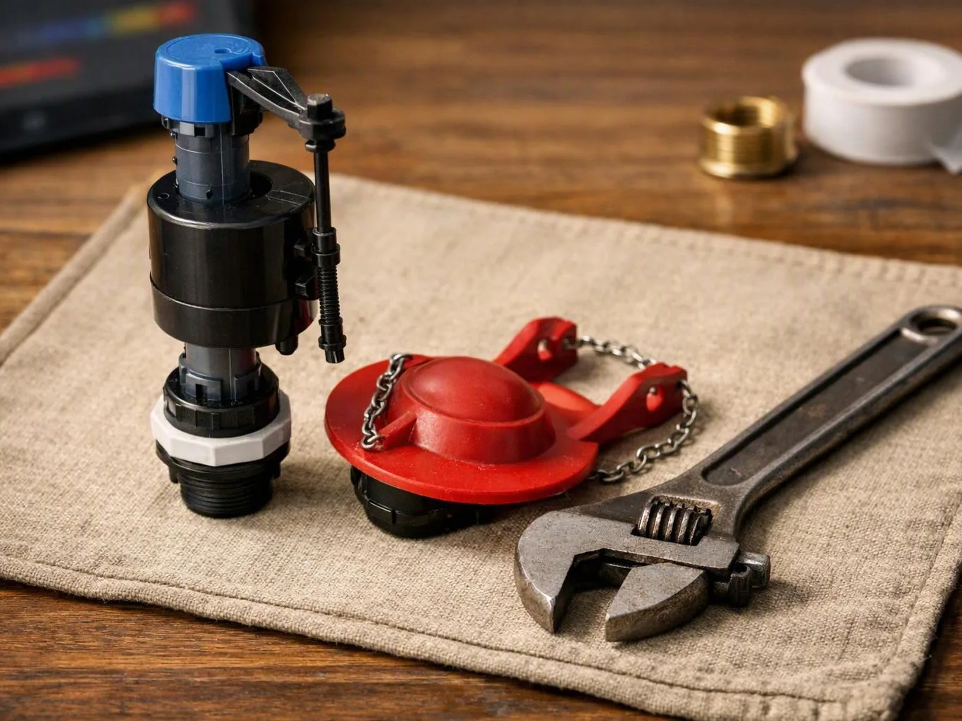 Plumbing parts and a wrench rest on a cloth mat on a wooden table