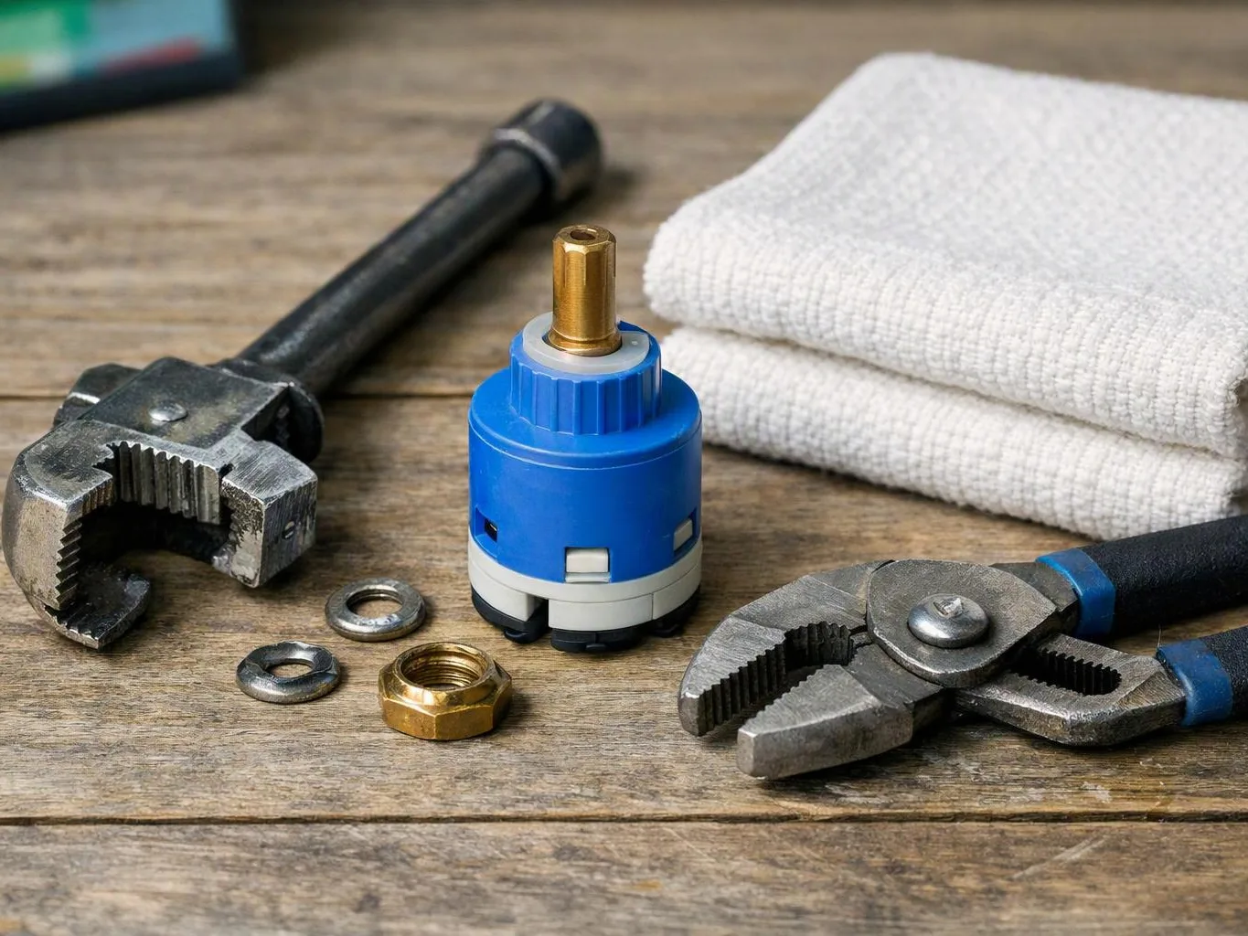 Plumbing tools and fittings rest on a wooden workbench beside folded white towels