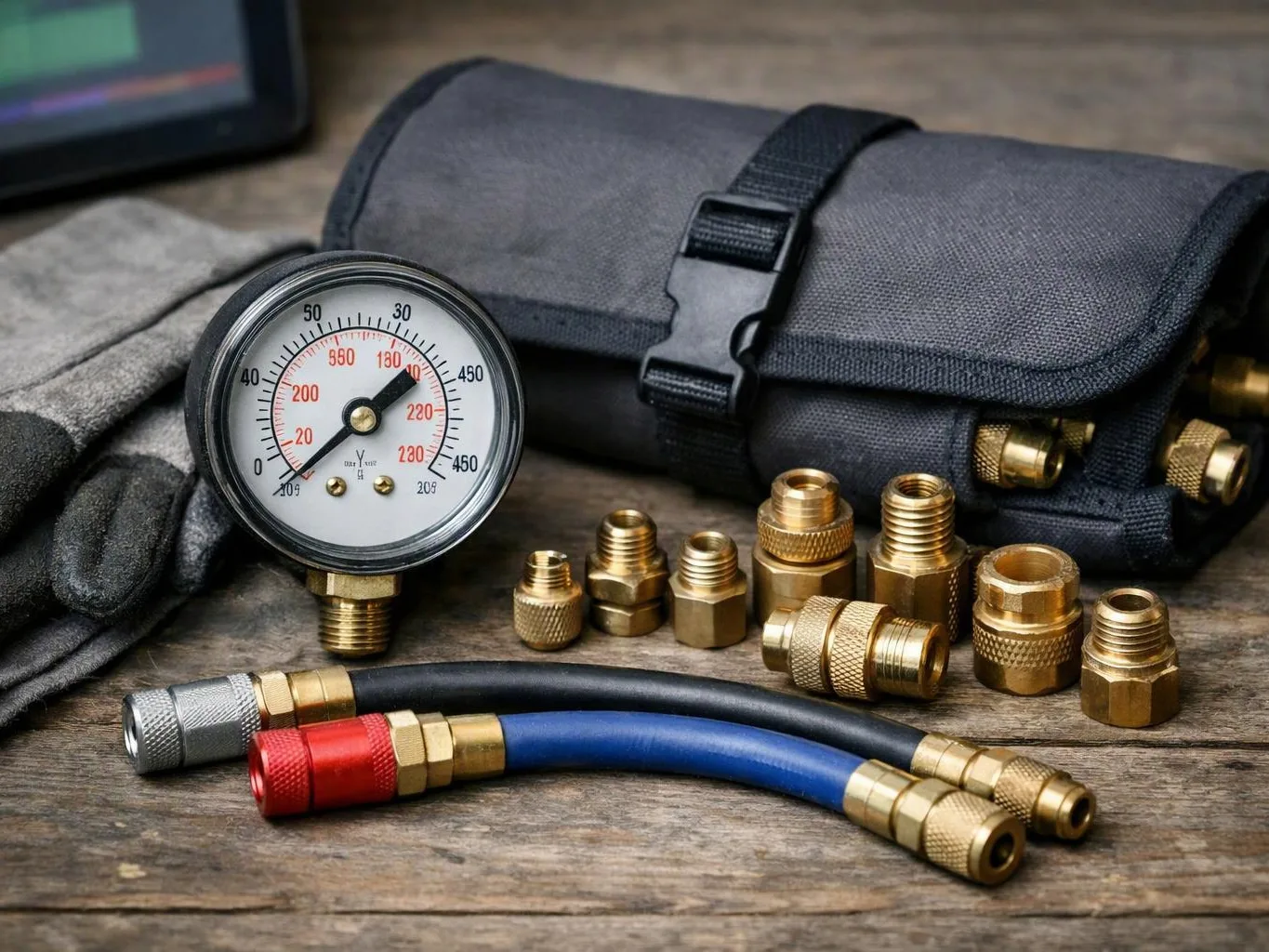 A pressure gauge, brass fittings, and colored hoses sit beside a rolled tool pouch on a wooden surface