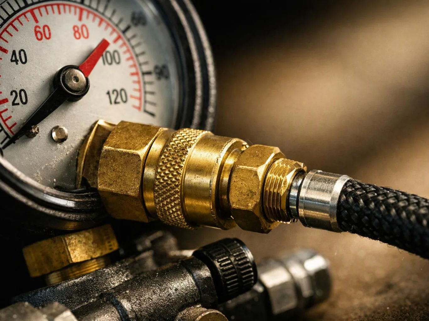 A pressure gauge connects to brass fittings and a braided hose in a close-up industrial setting