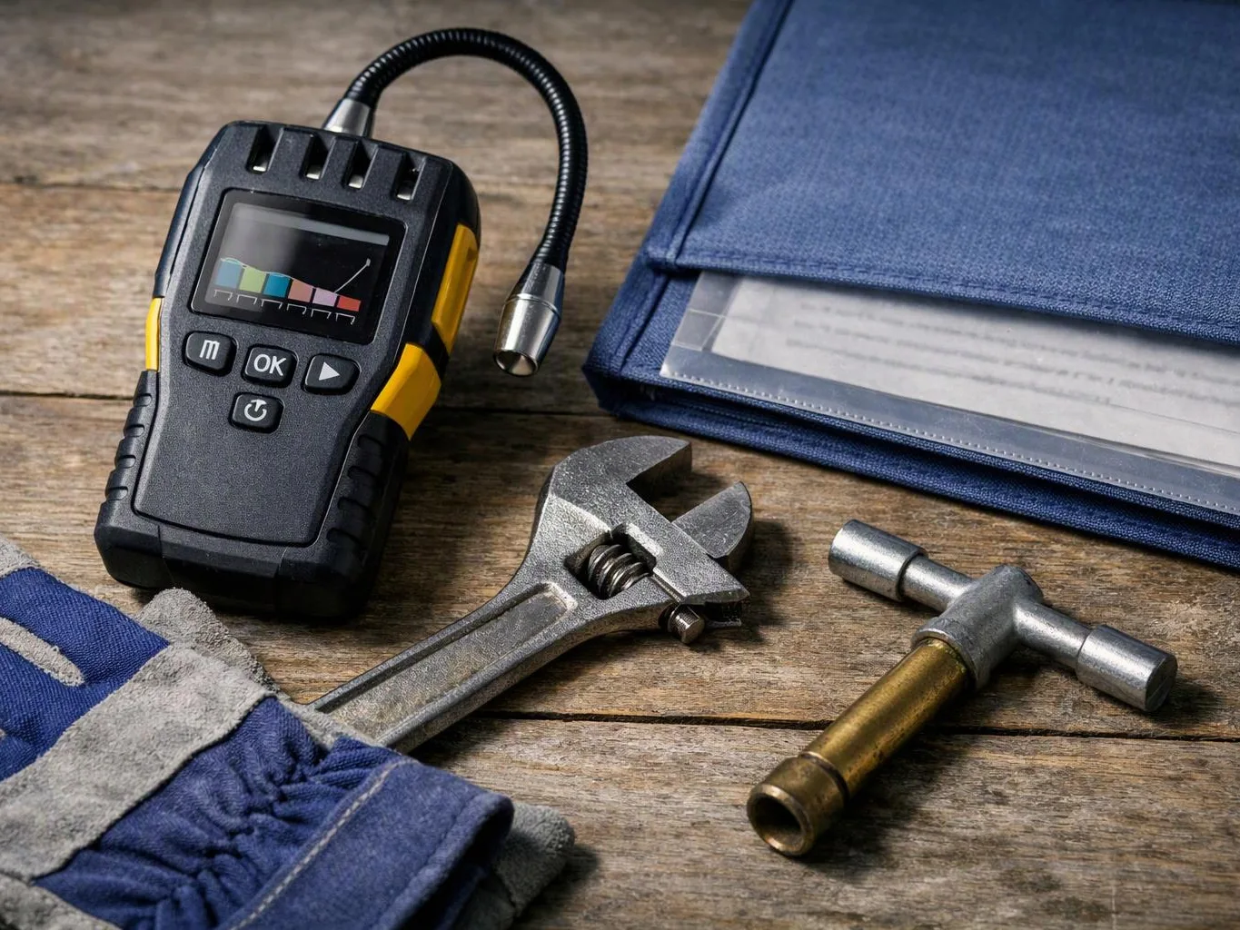 A pressure test tool, wrench, T-handle, and blue folders lie on a worn wooden table